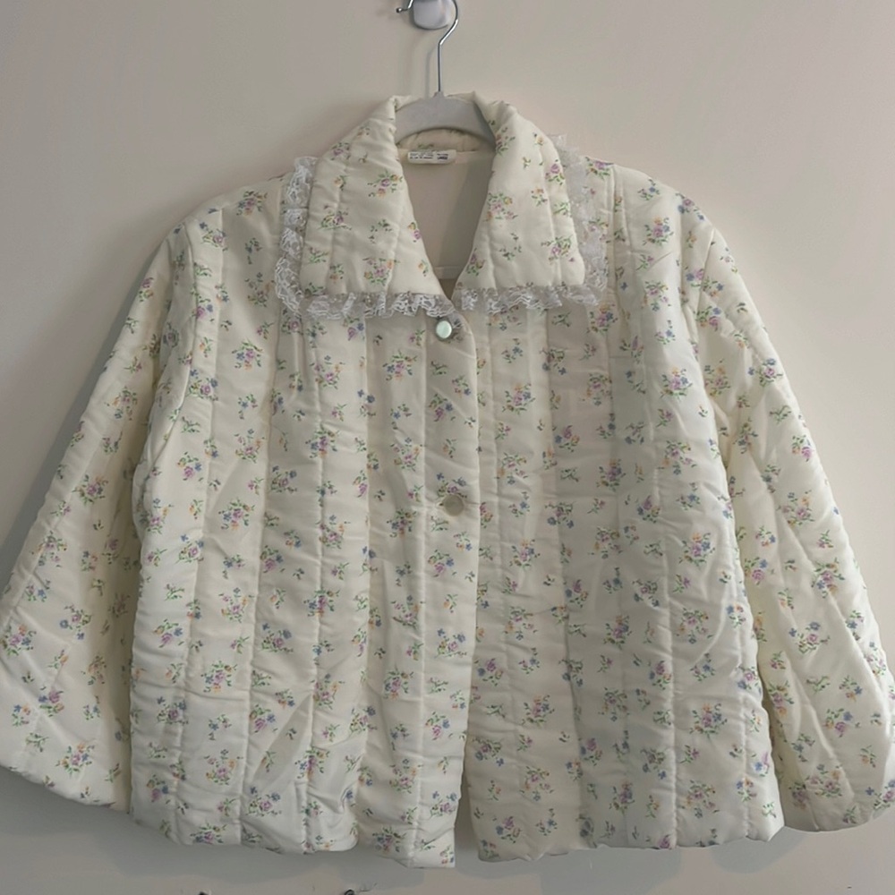 Vintage Nanette Floral Quilted Night Coat Housecoat Sleepwear L Lace Feminine